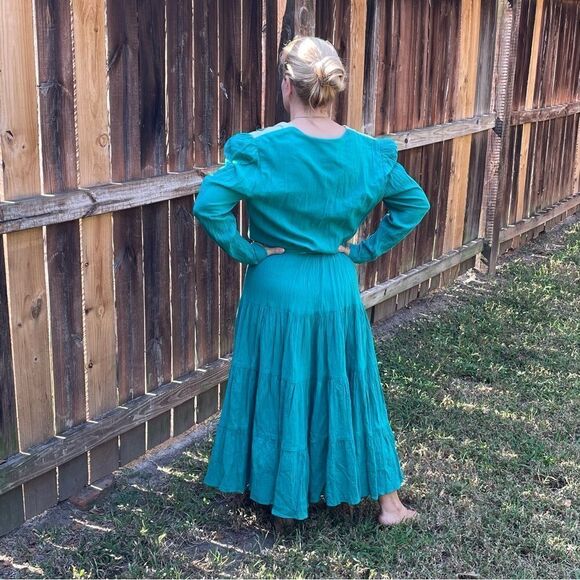 Vtg 80s/90s Lillia Smitty turquoise crinkle cloth layered skirt western dress - Picture 2 of 9